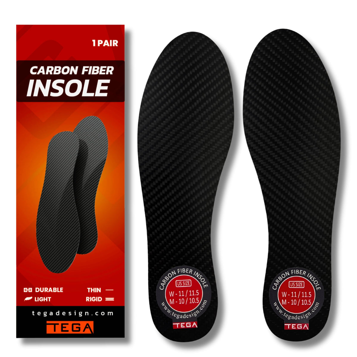 TEGA Carbon Fiber Insole front view shows thin, rigid support for stable footing.