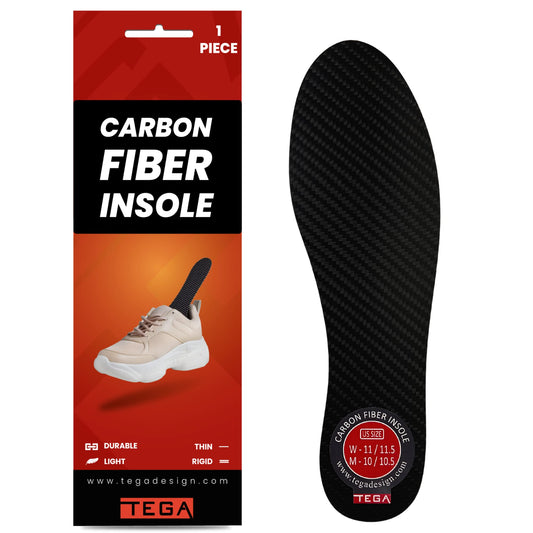 TEGA carbon fiber insole side view showing forefoot stability during movement.