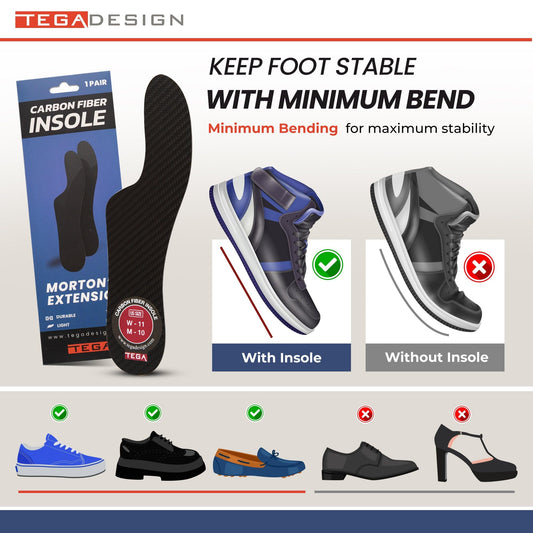 TEGA Morton's Extension size chart guides you to the correct carbon fiber insole length.
