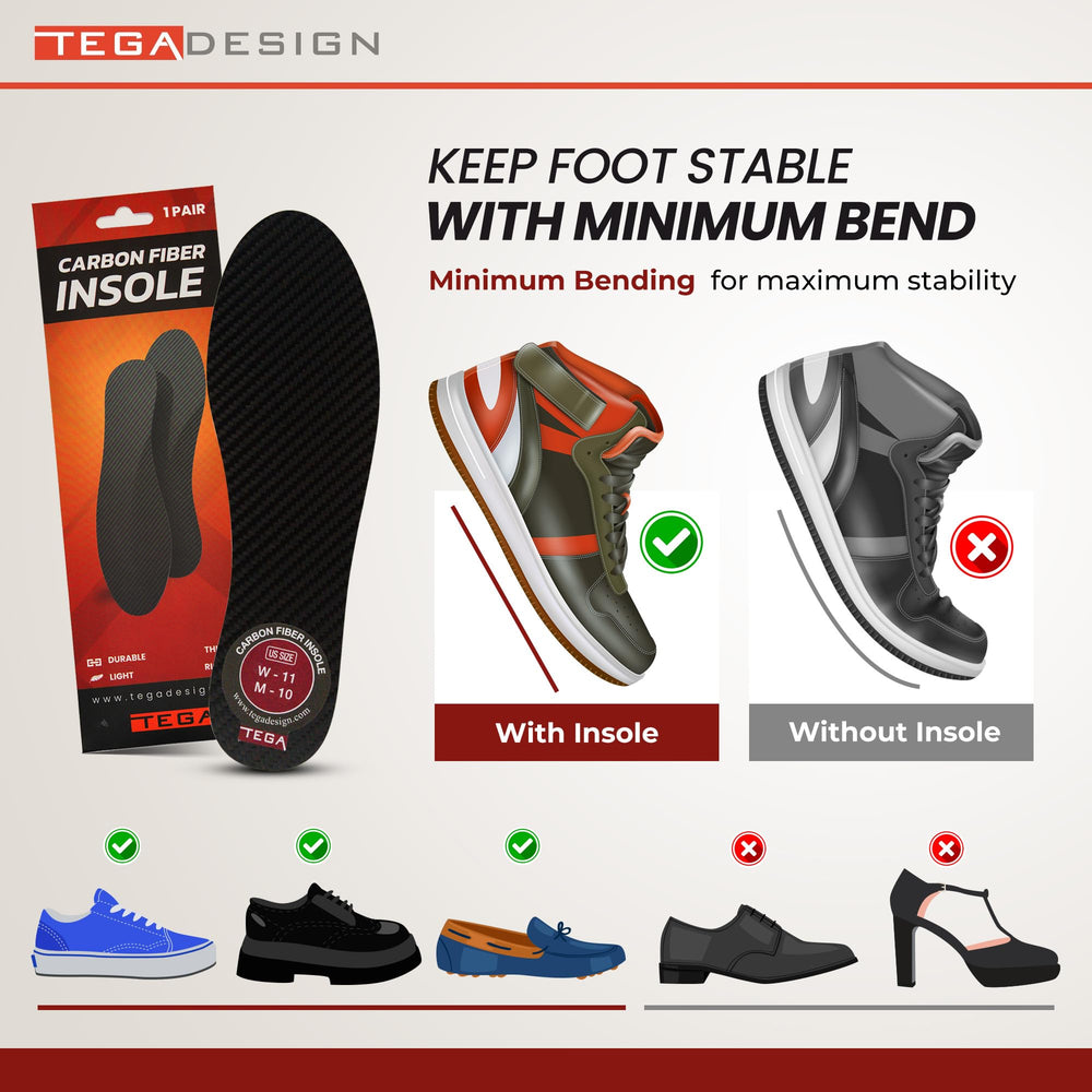 TEGA size guide highlights correct insole length for a secure fit