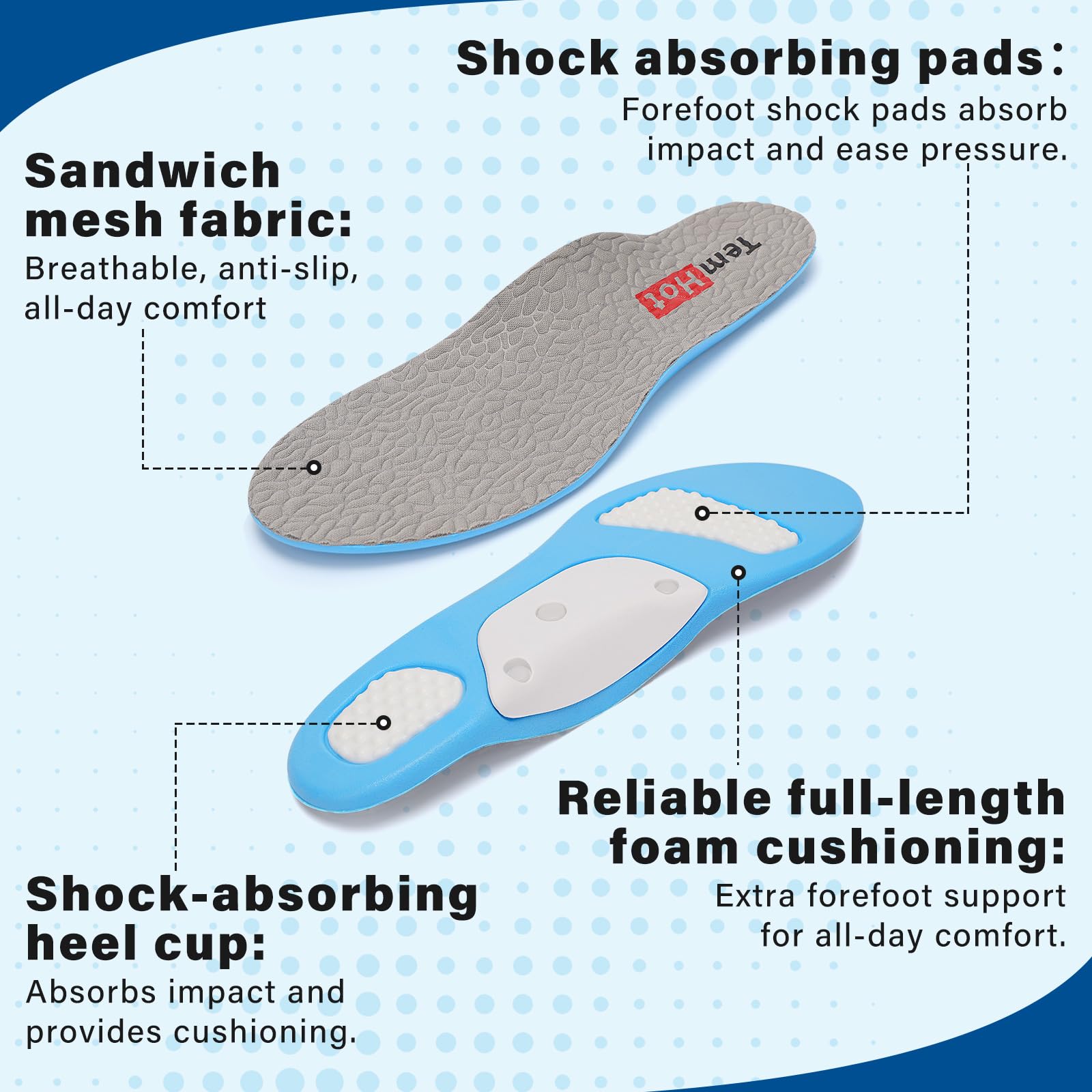 TemHot arch support insoles provide heel cushioning to reduce foot fatigue.