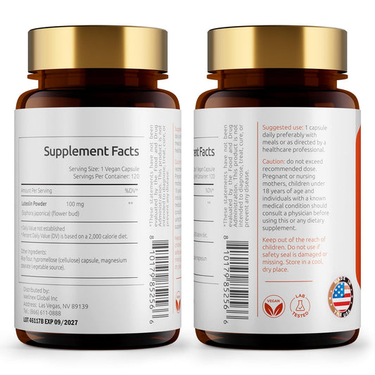 Temimar Luteolin capsules close-up showing vegan, non-GMO formula