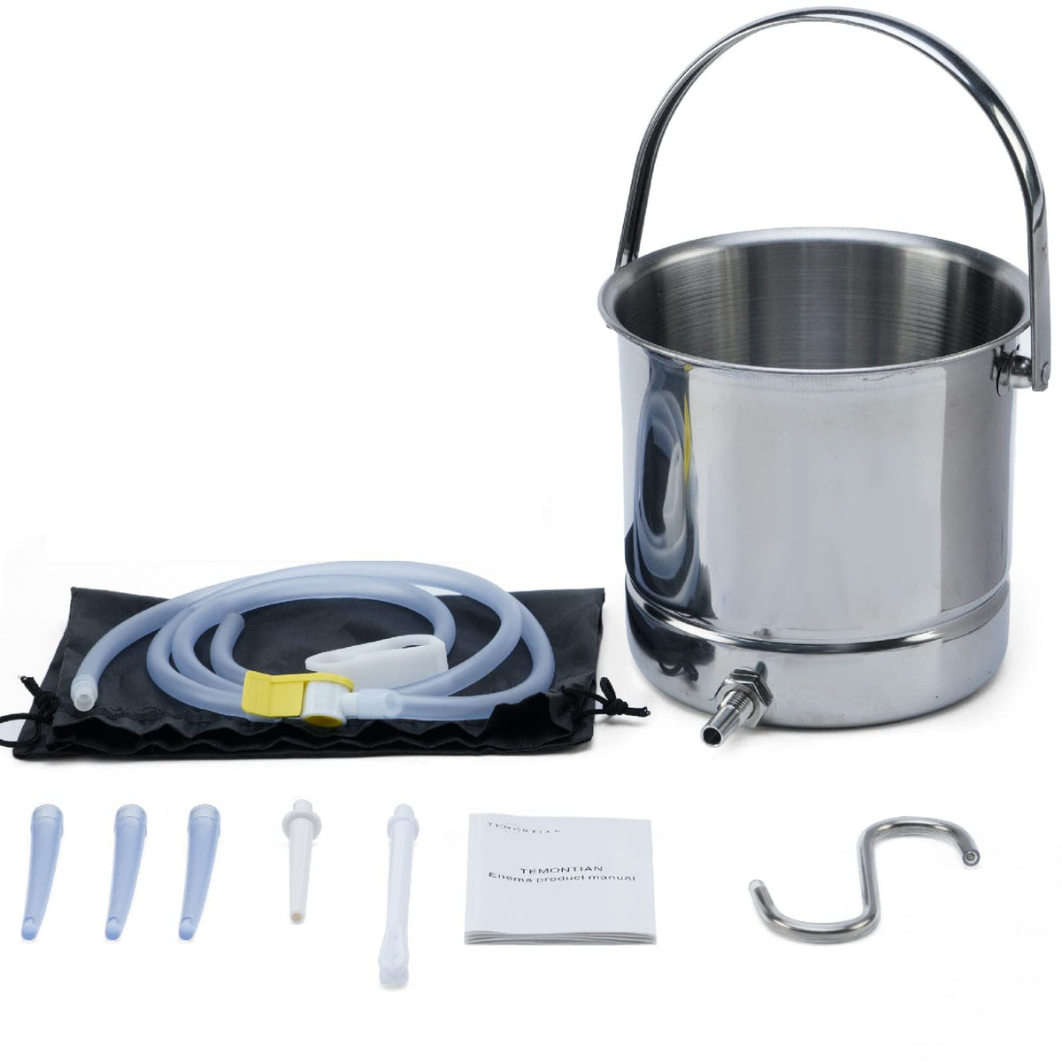 TEMONTIAN stainless steel enema bucket for comfortable home use and easy cleaning.