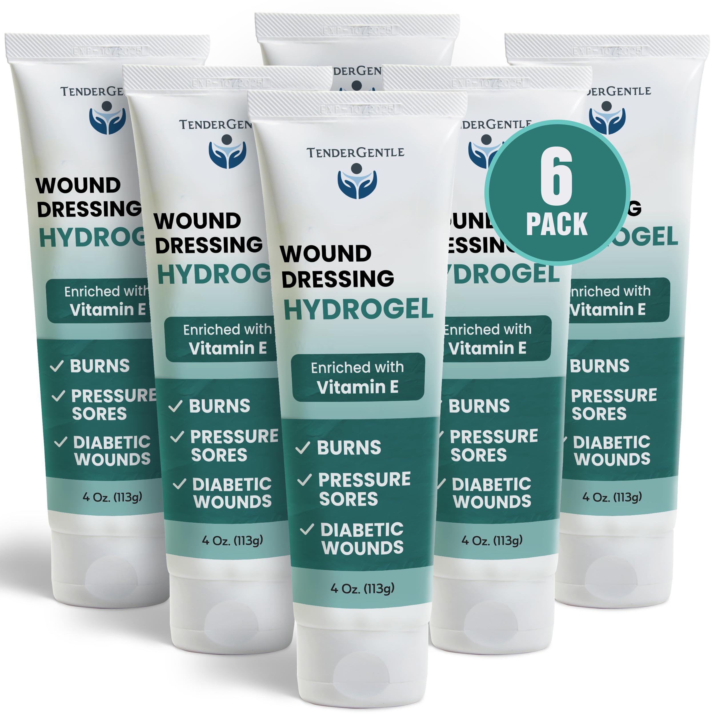 TenderGentle hydrogel pack of six 4 oz bottles for wound care, lightweight and non-greasy.