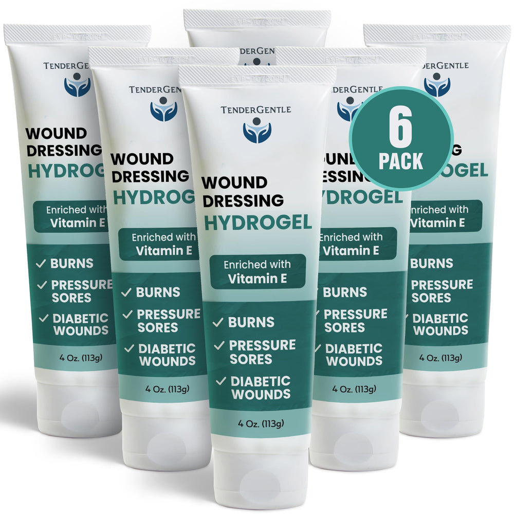 TenderGentle hydrogel pack of six 4 oz bottles for wound care, lightweight and non-greasy.