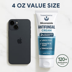 TenderGentle anti-fungal cream label close-up highlighting 2% miconazole for quick reference.