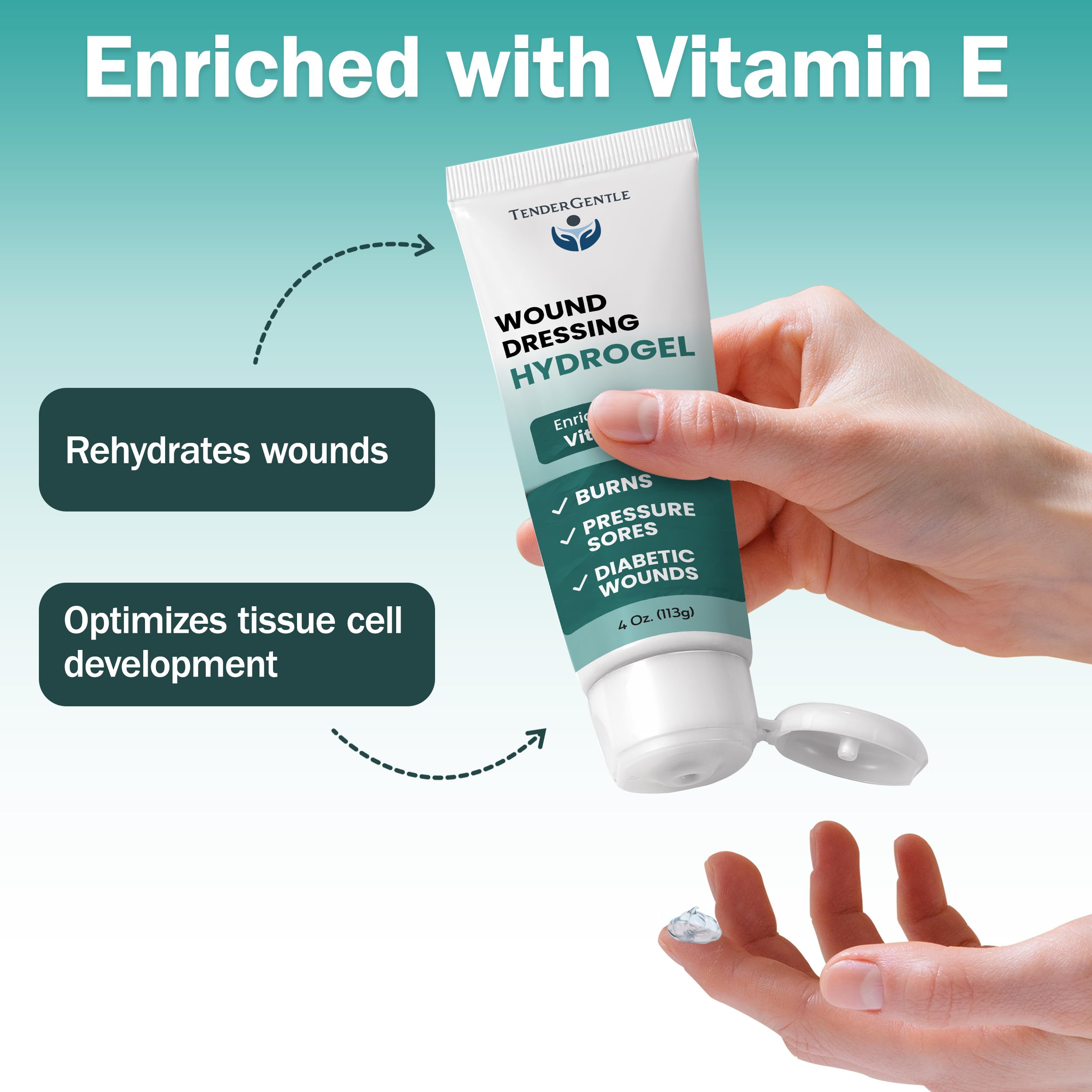 Vitamin E enriched TenderGentle hydrogel hydrates wounds and supports skin care.