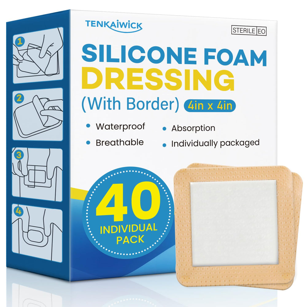 TENKAIWICK foam dressing 4x4 with adhesive border for exudate management.