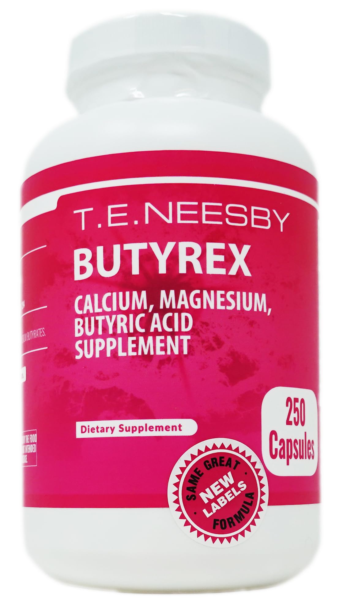 T.E.Neesby Butyrex bottle front showing a high-potency calcium/magnesium blend.