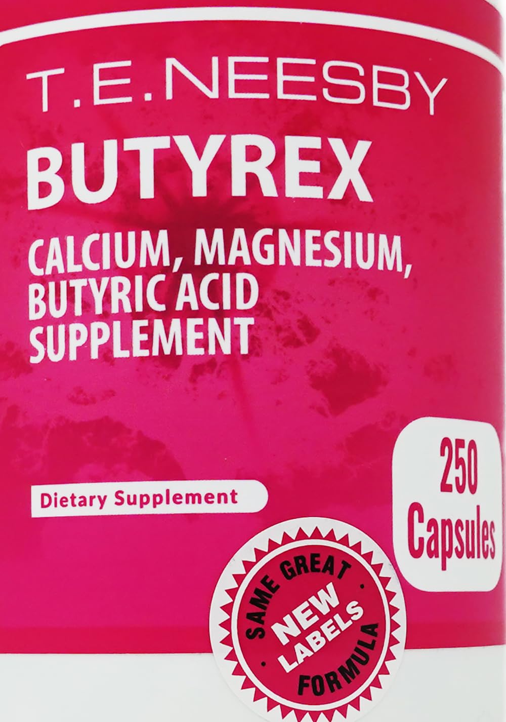 T.E.Neesby Butyrex capsules closeup highlighting 600 mg potency per capsule.