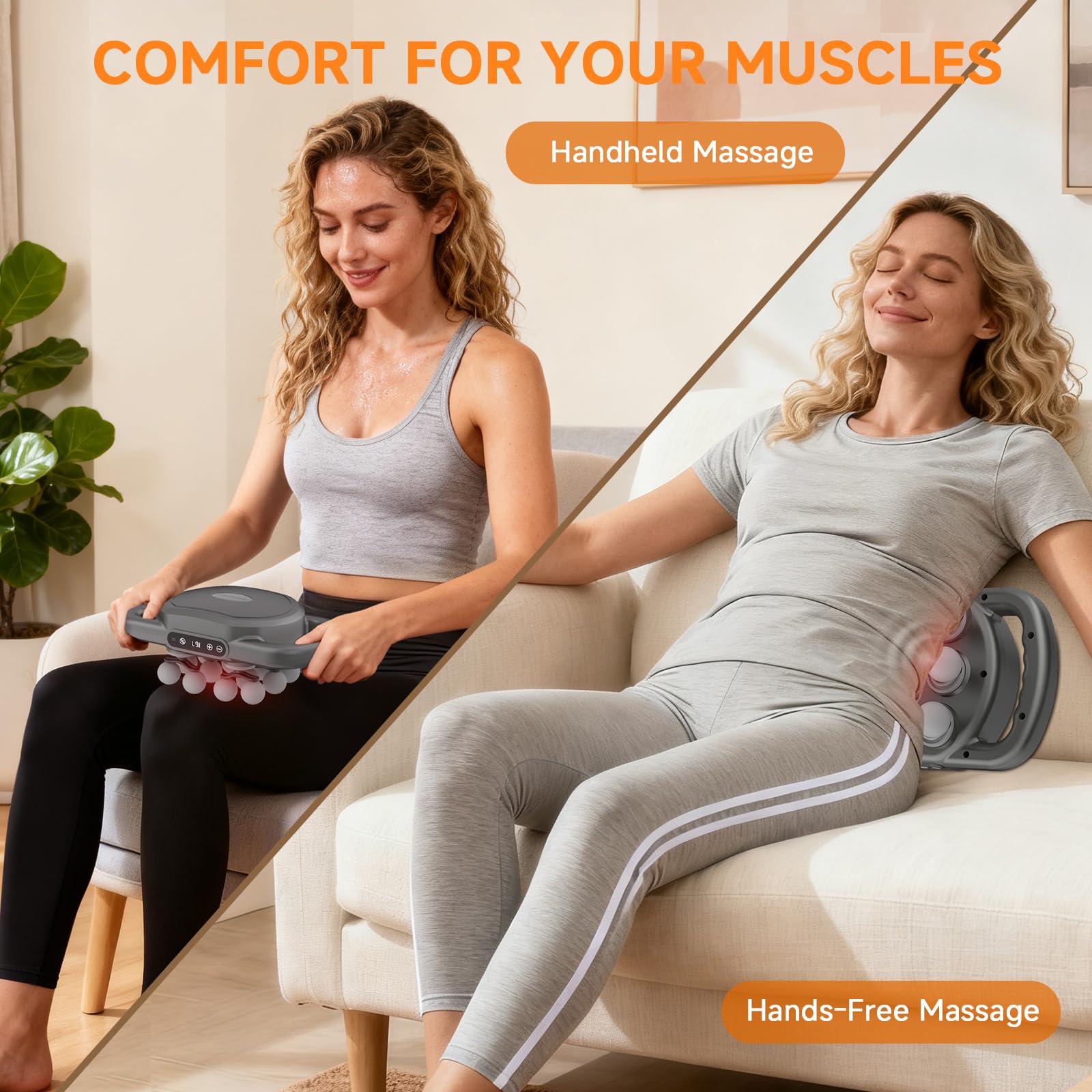 TenSine massage gun in use on back for muscle relaxation