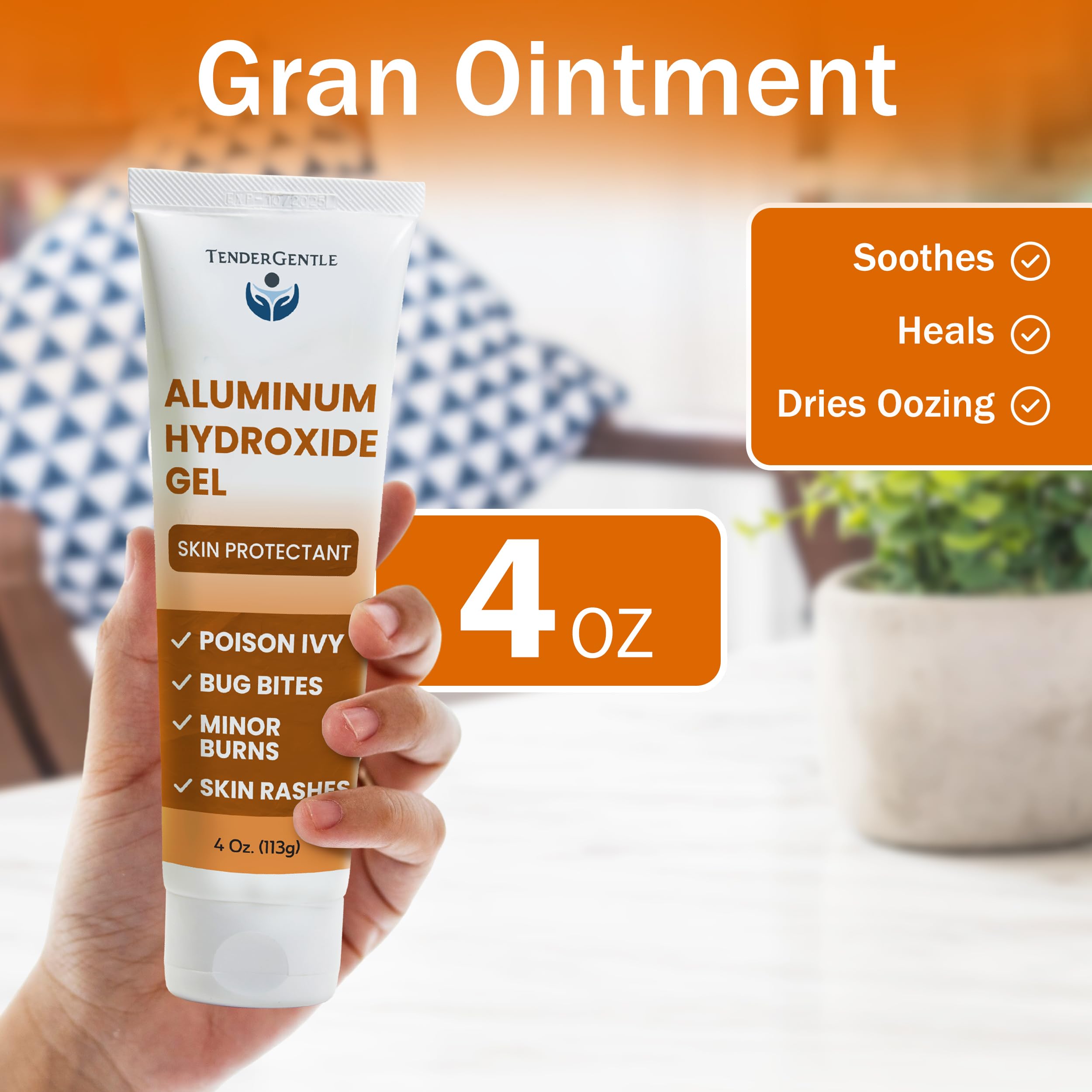 TenderGentle aluminum hydroxide gel label close-up highlights drying support for rashes.