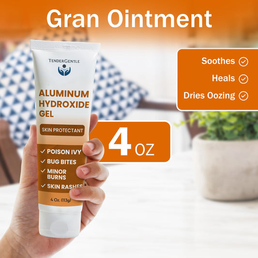 TenderGentle aluminum hydroxide gel label close-up highlights drying support for rashes.