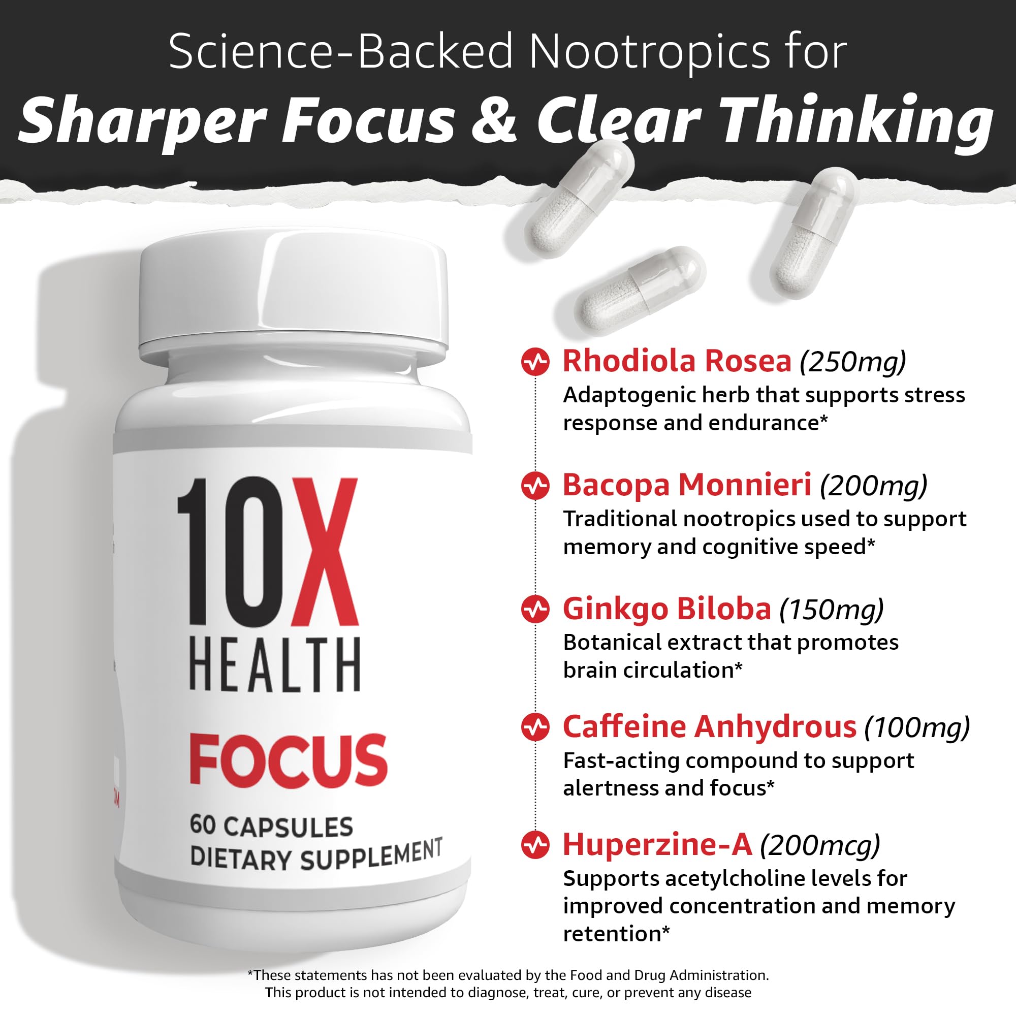 TenX Health Focus Huperzine A tablet emphasizing focus and clarity