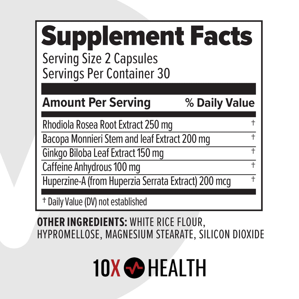 TenX Health Focus label panel close-up with product details