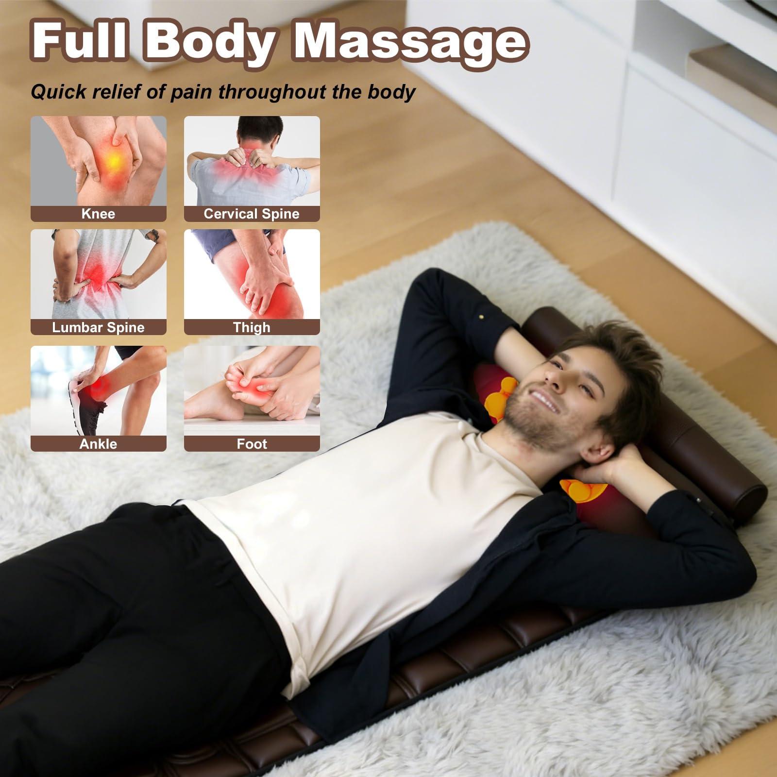 TeqHome heating pads deliver warmth to neck, lumbar, and feet.