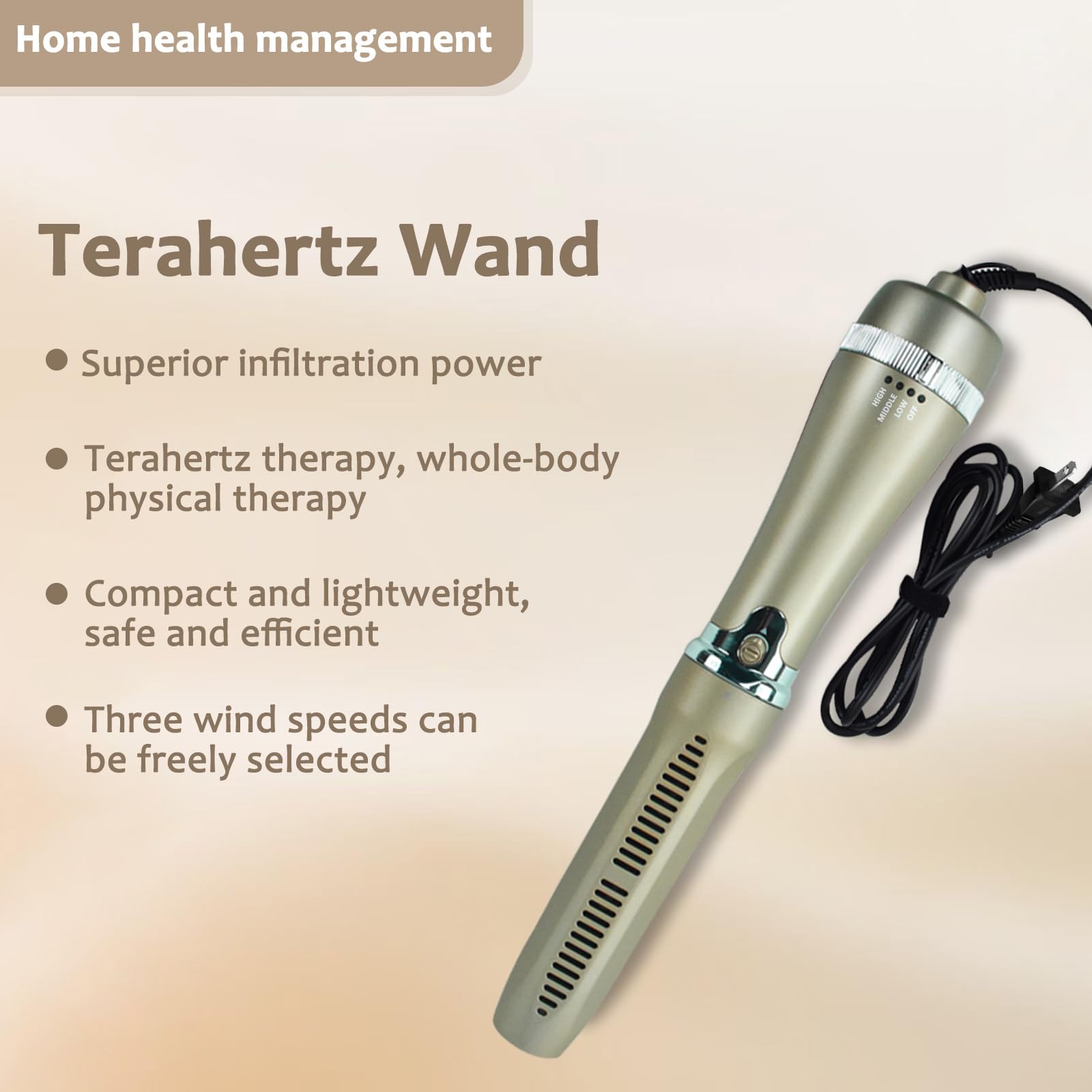 Terahertz Therapy Wand with three temperature levels for tailored warmth.