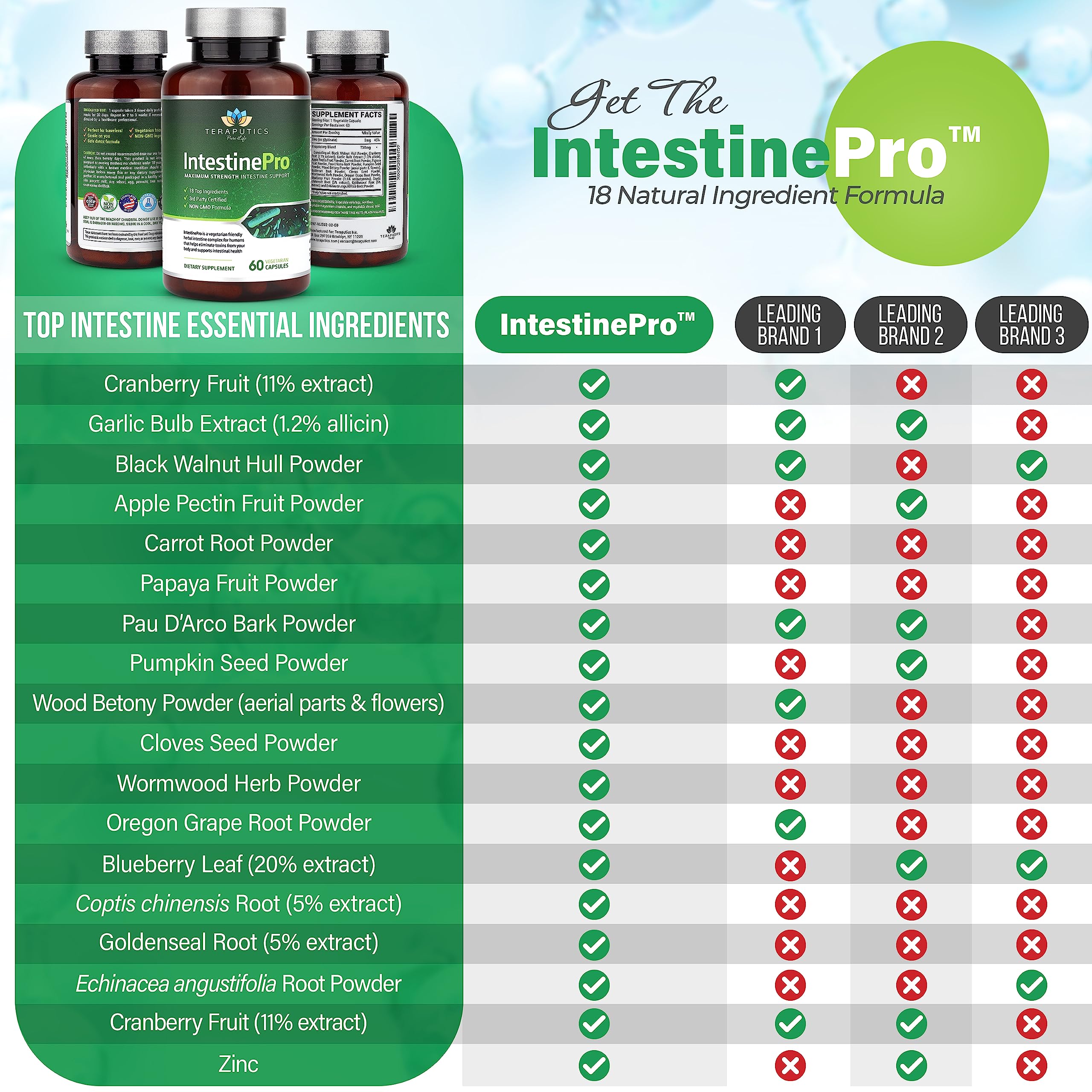 Teraputics IntestinePro capsules close-up showing veggie capsules for daily use