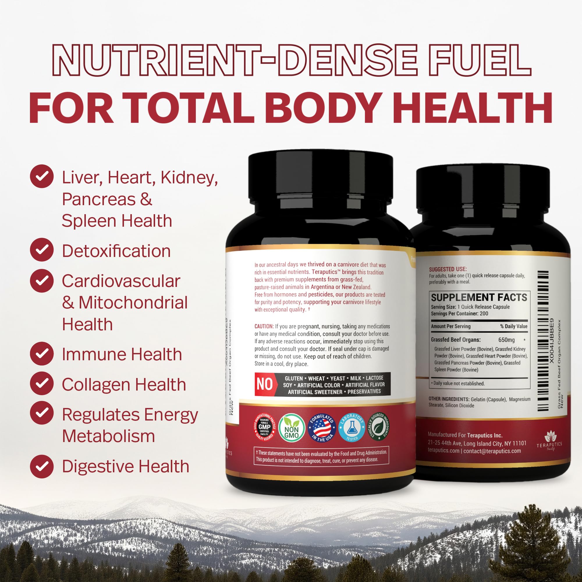 Teraputics pasture raised organs ingredients label shows diverse nutrient profile