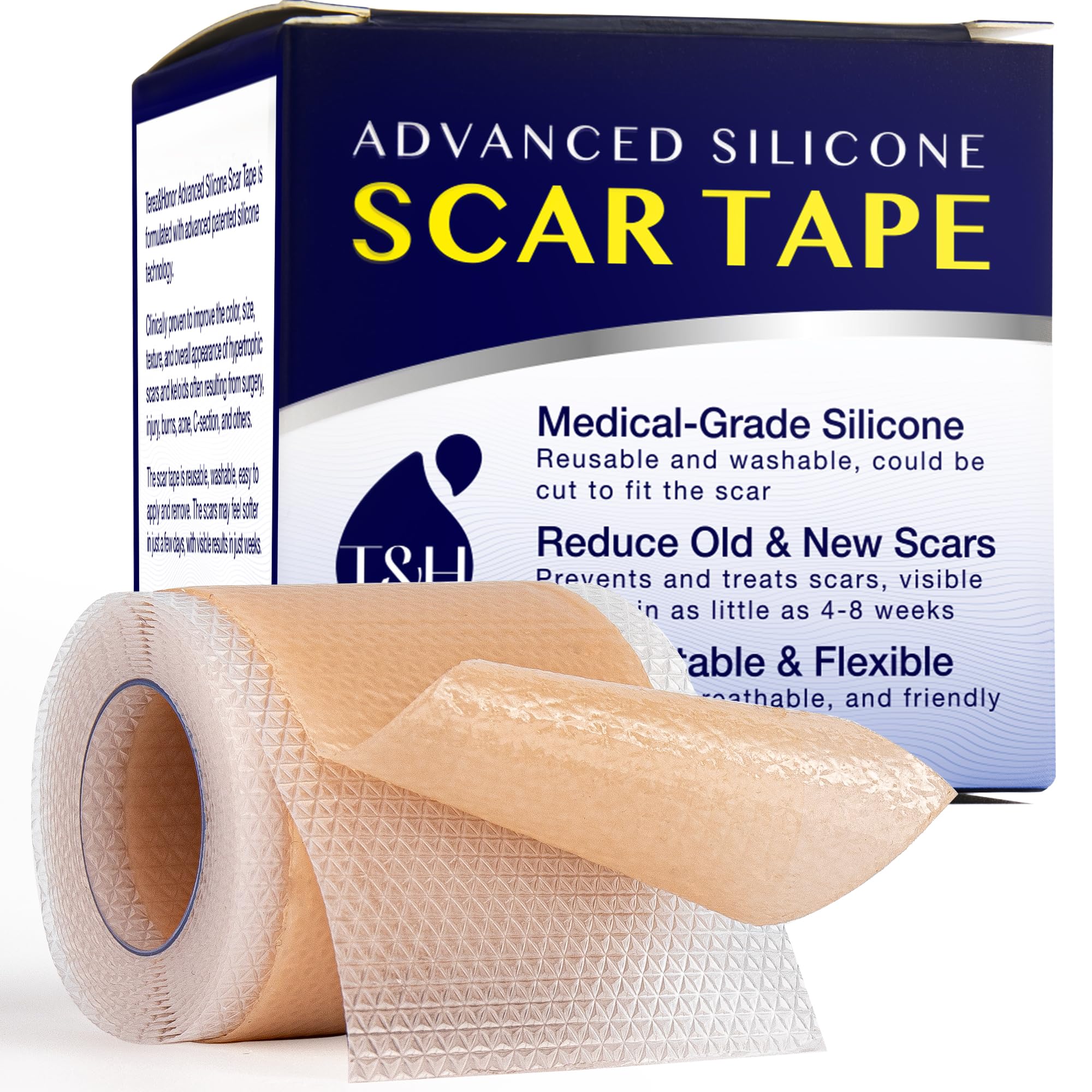 TEREZ & HONOR advanced silicone scar sheets packaging demonstrates medical-grade design for scar care.