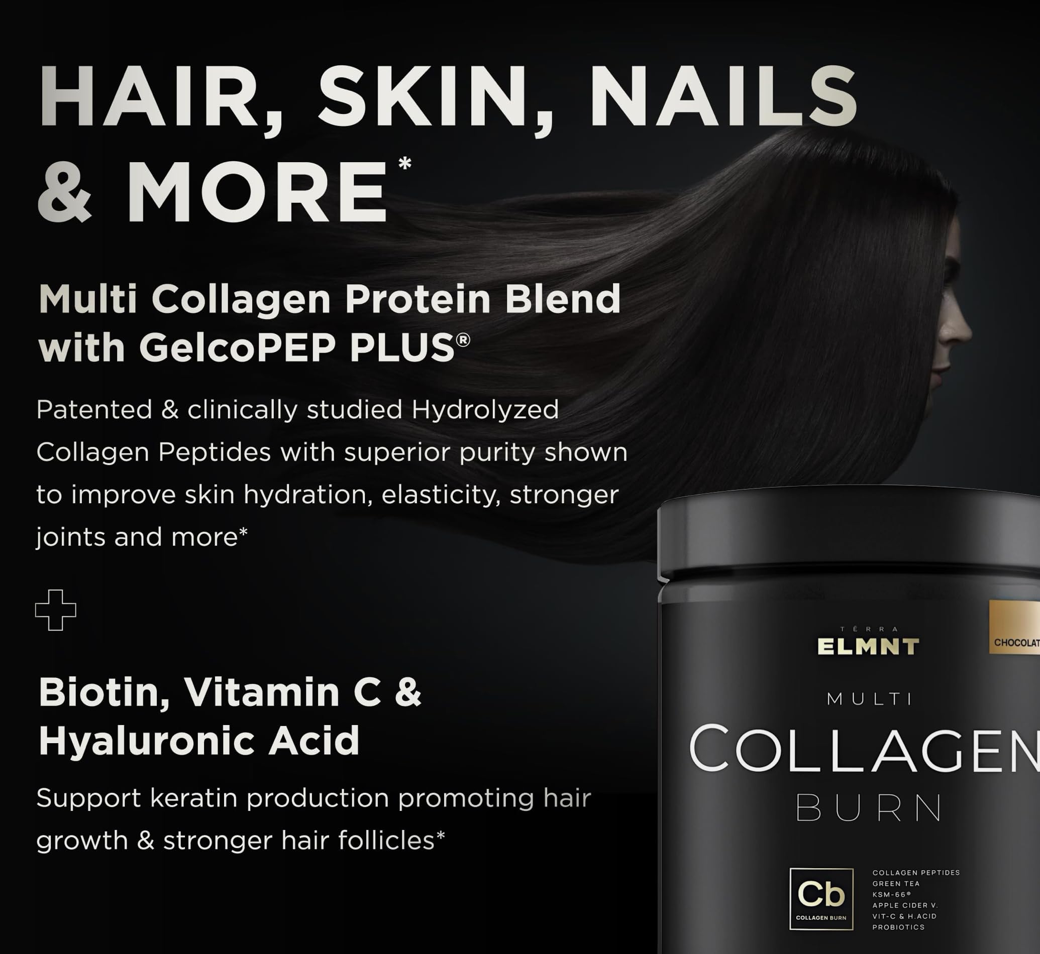 Terra Elmnt hair skin nails complex nourishes hair, skin, and nails.