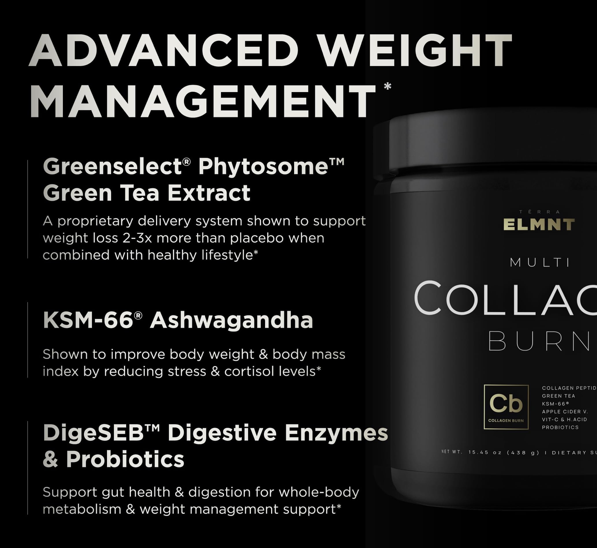 Terra Elmnt hyaluronic acid and biotin enhance skin and hair hydration.