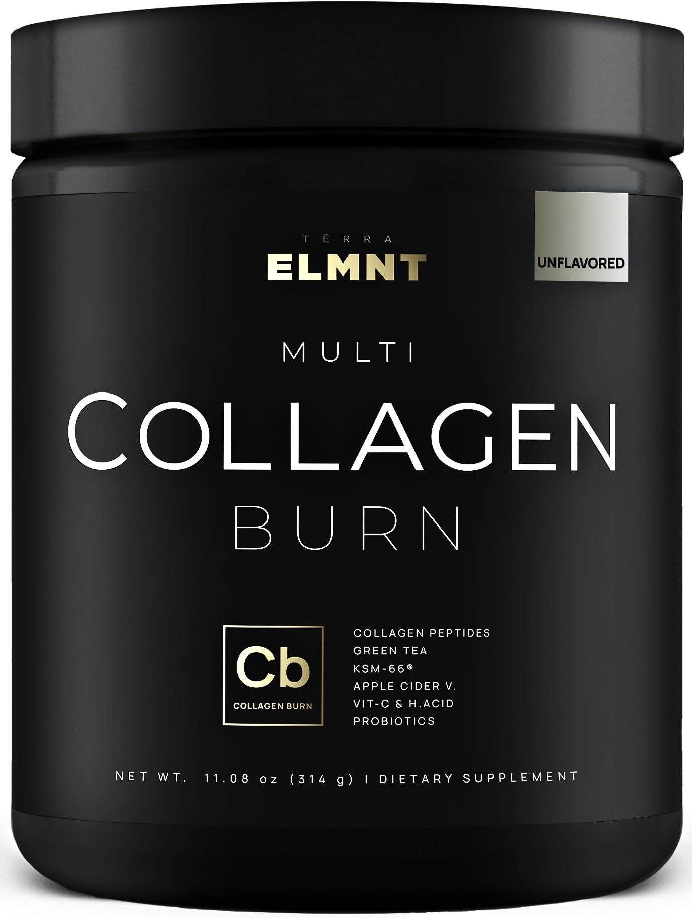 Terra Elmnt Super Multi Collagen Burn bottle, premium formula for beauty and metabolism.