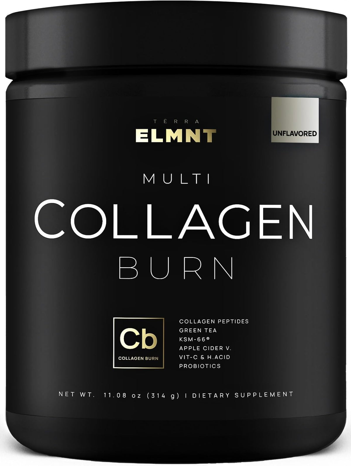 Terra Elmnt Super Multi Collagen Burn bottle, premium formula for beauty and metabolism.