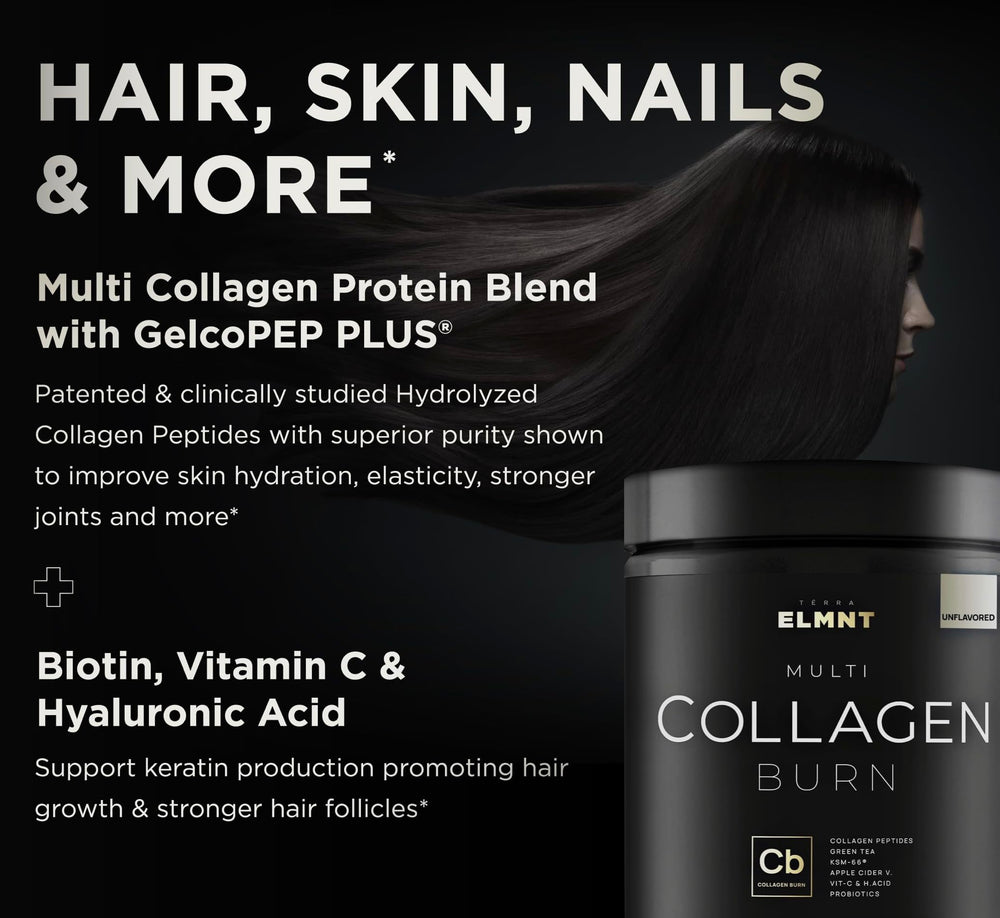 Terra Elmnt Super Multi Collagen Burn glass with water showing effortless hydration.