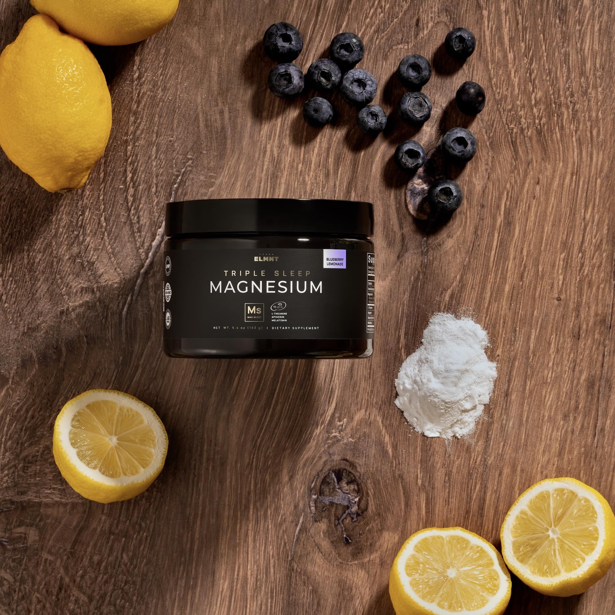 Terra Elmnt Triple Sleep powder being poured into a glass for a relaxing routine.