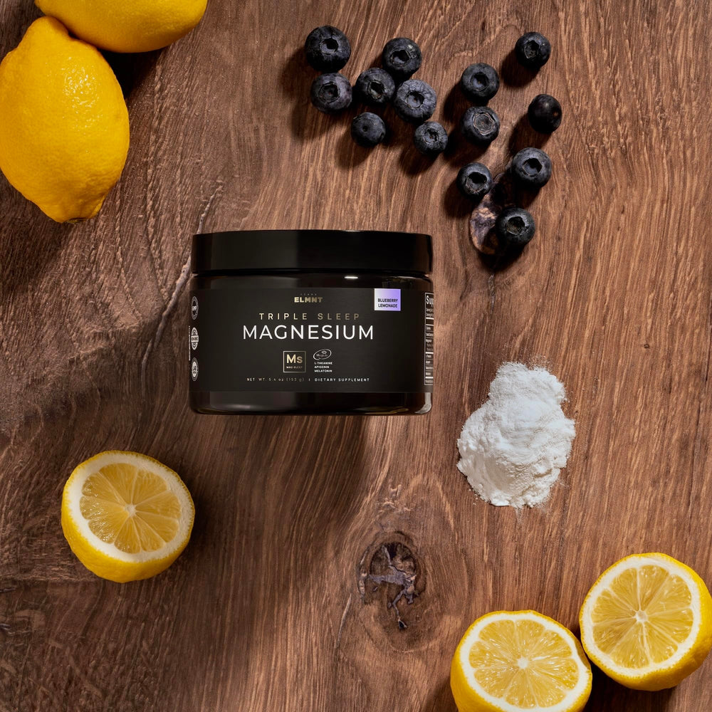 Terra Elmnt Triple Sleep powder being poured into a glass for a relaxing routine.