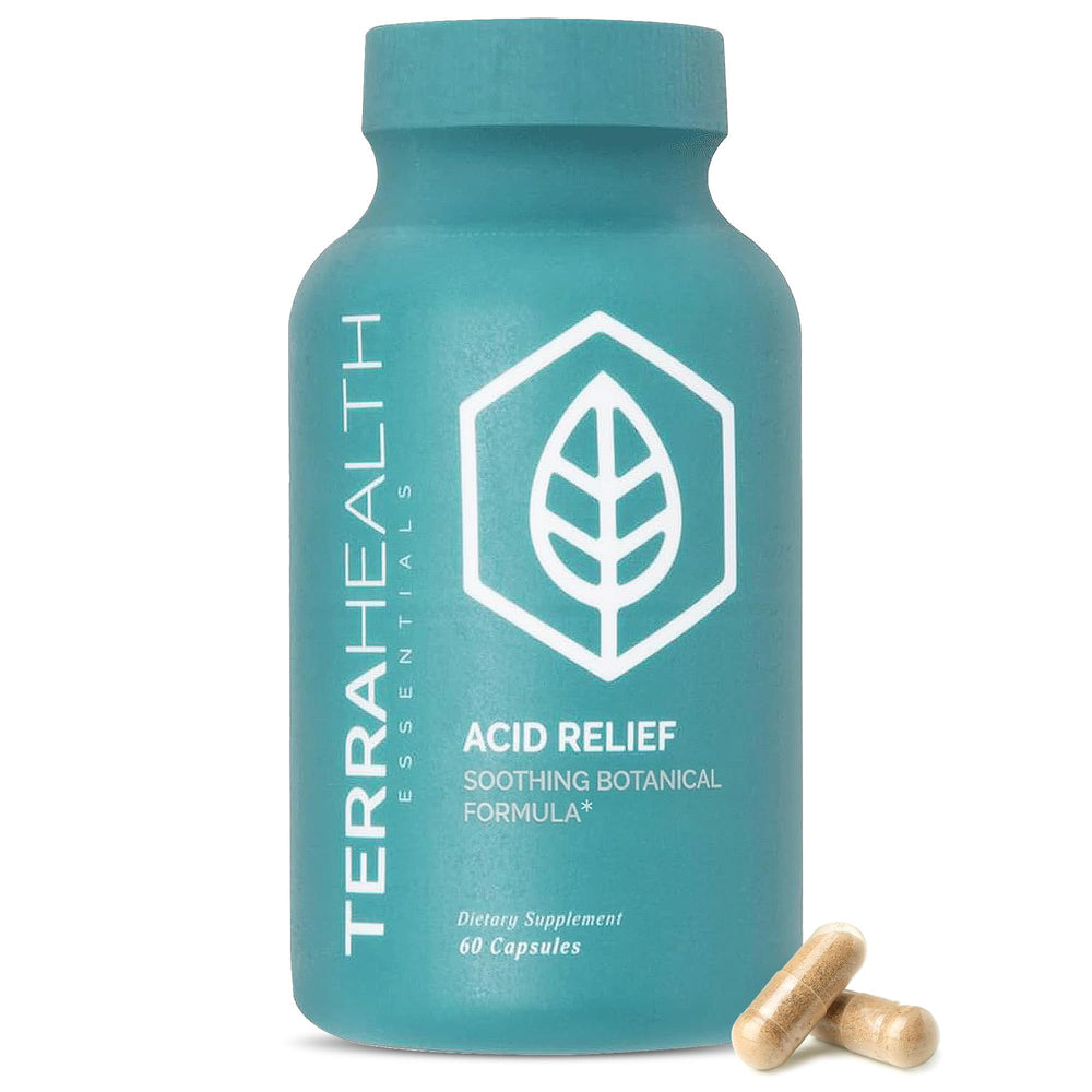 Terra Health Essentials Acid Relief lemon balm capsules in bottle for gentle digestion after meals