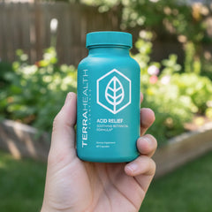 Terra Health Essentials Acid Relief packaging illustration highlighting plant-based ingredients