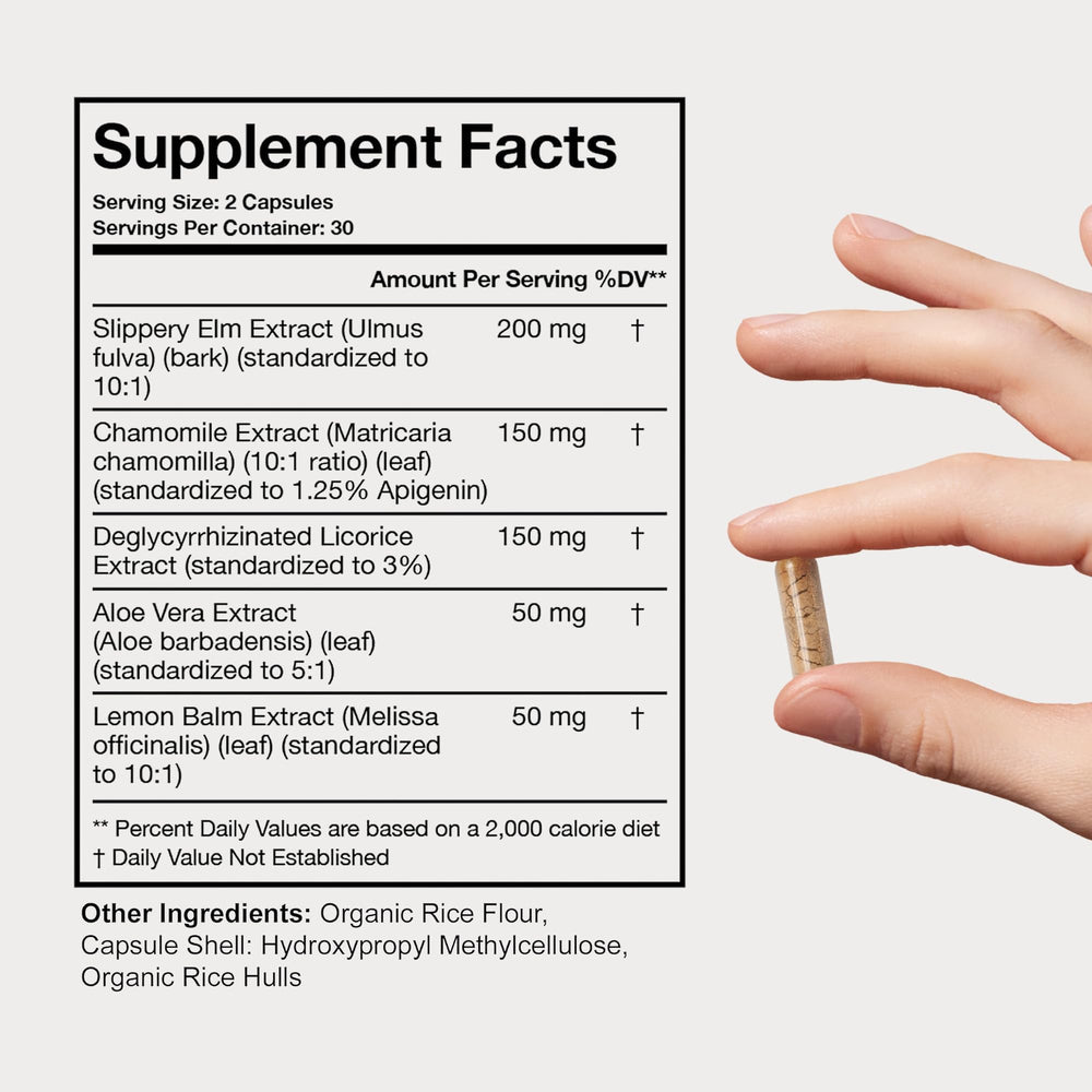 Terra Health Essentials Acid Relief slippery elm capsules beside bottle for post-meal comfort
