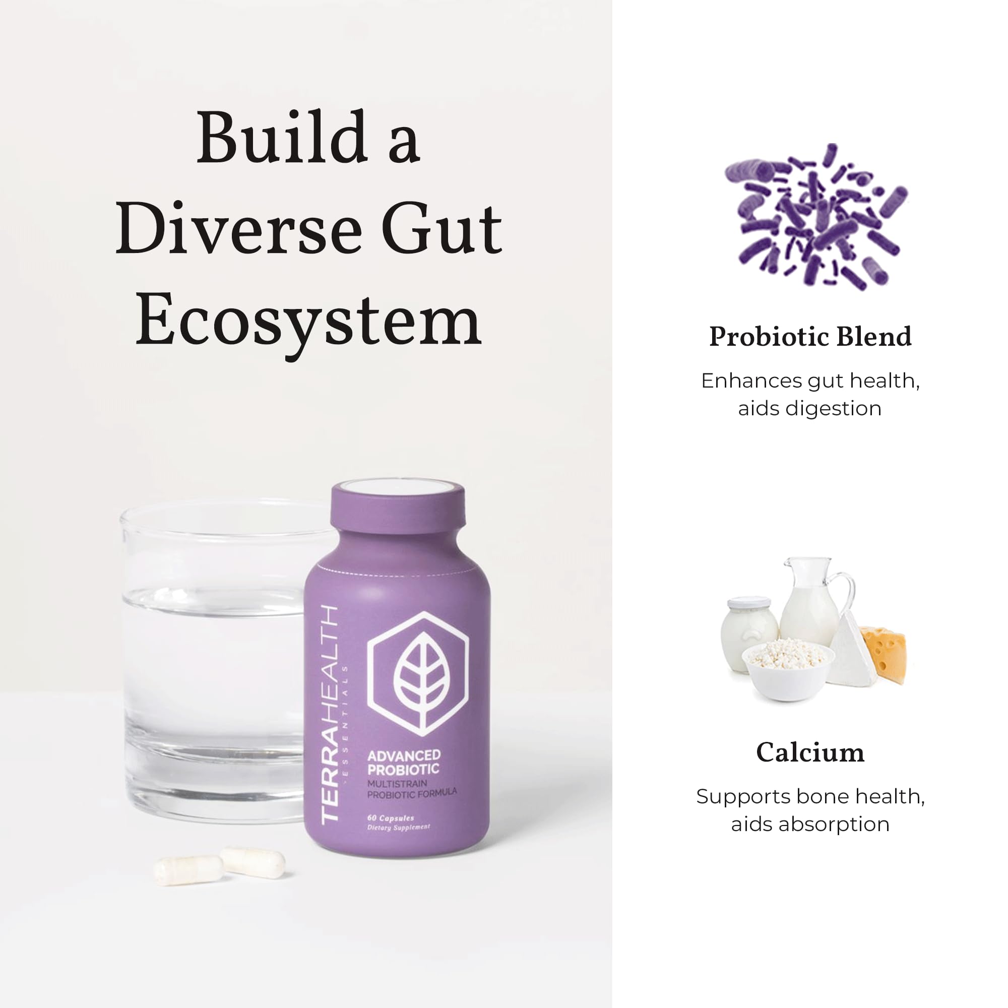 Terra Health Essentials Advanced Probiotics capsules on white surface suggest daily use.