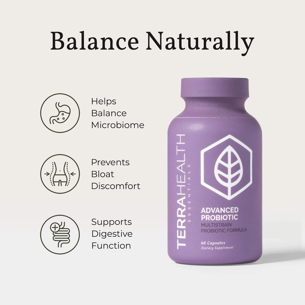 Terra Health Essentials Advanced Probiotics packaging emphasizes product stability and quality.