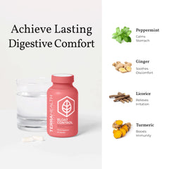 Terra Health Essentials Bloat Control imagery shows fennel and turmeric for digestion support.
