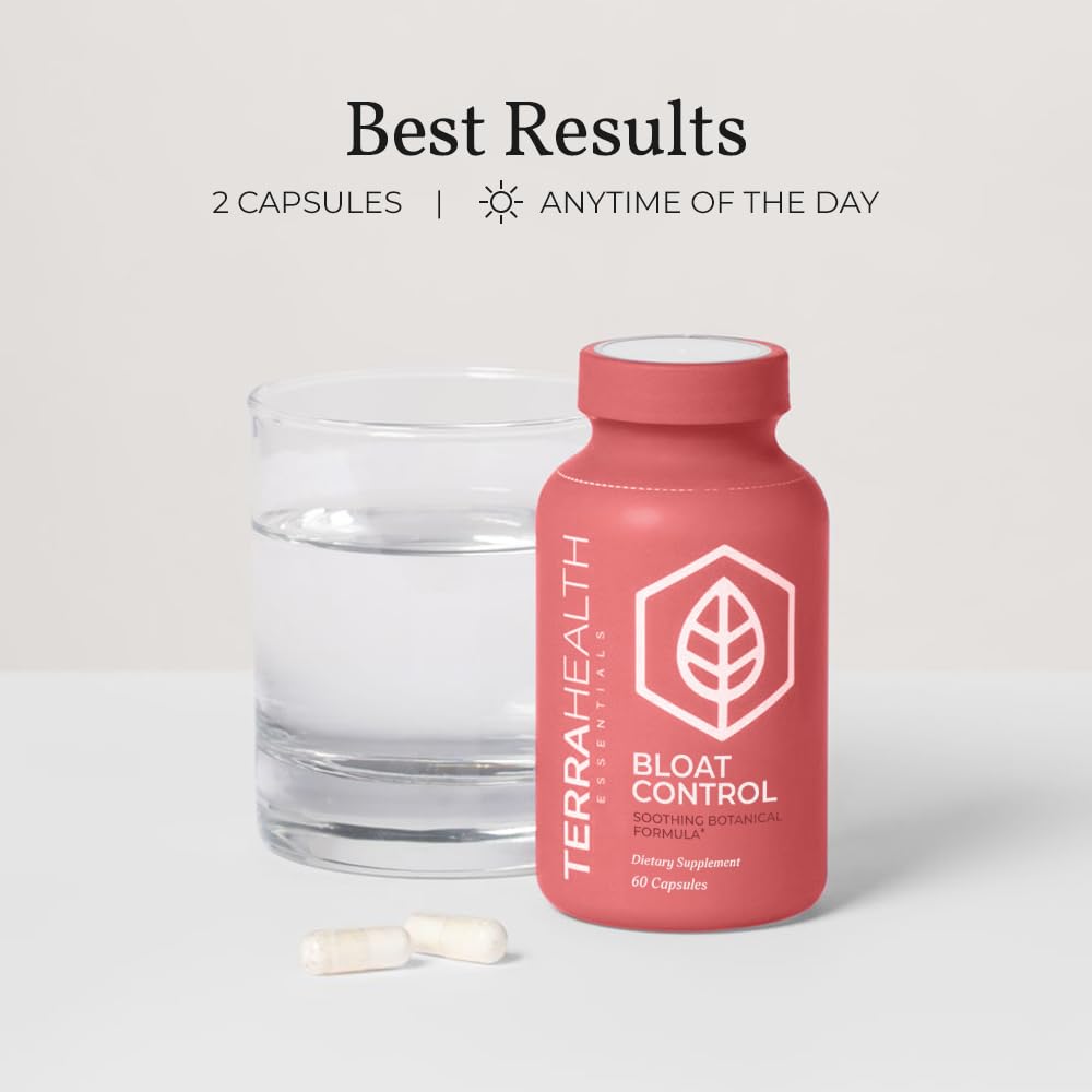 Terra Health Essentials Bloat Control pills in a glass jar for daily digestive support.
