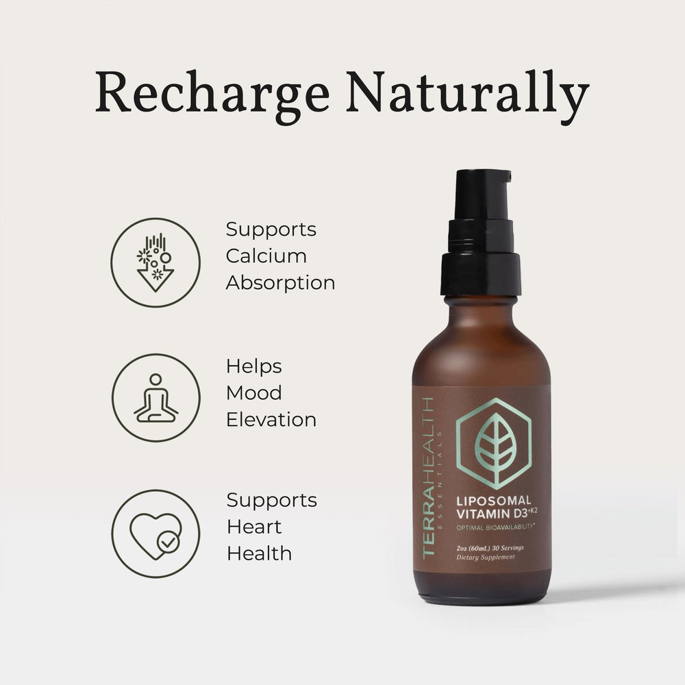 Terra Health Essentials D3+K2 liquid dispense highlighting convenient dosing.
