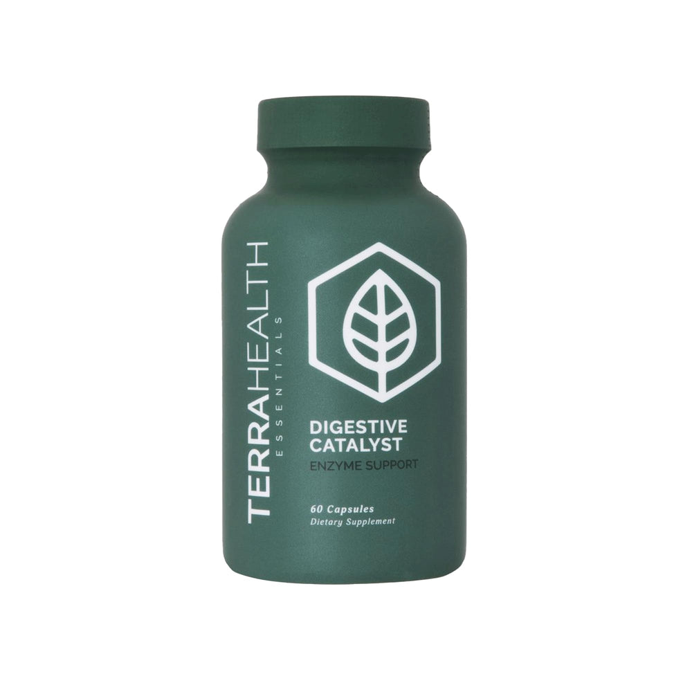 Terra Health Essentials Digestive Catalyst bottle on a clean surface supports comfortable digestion after meals.