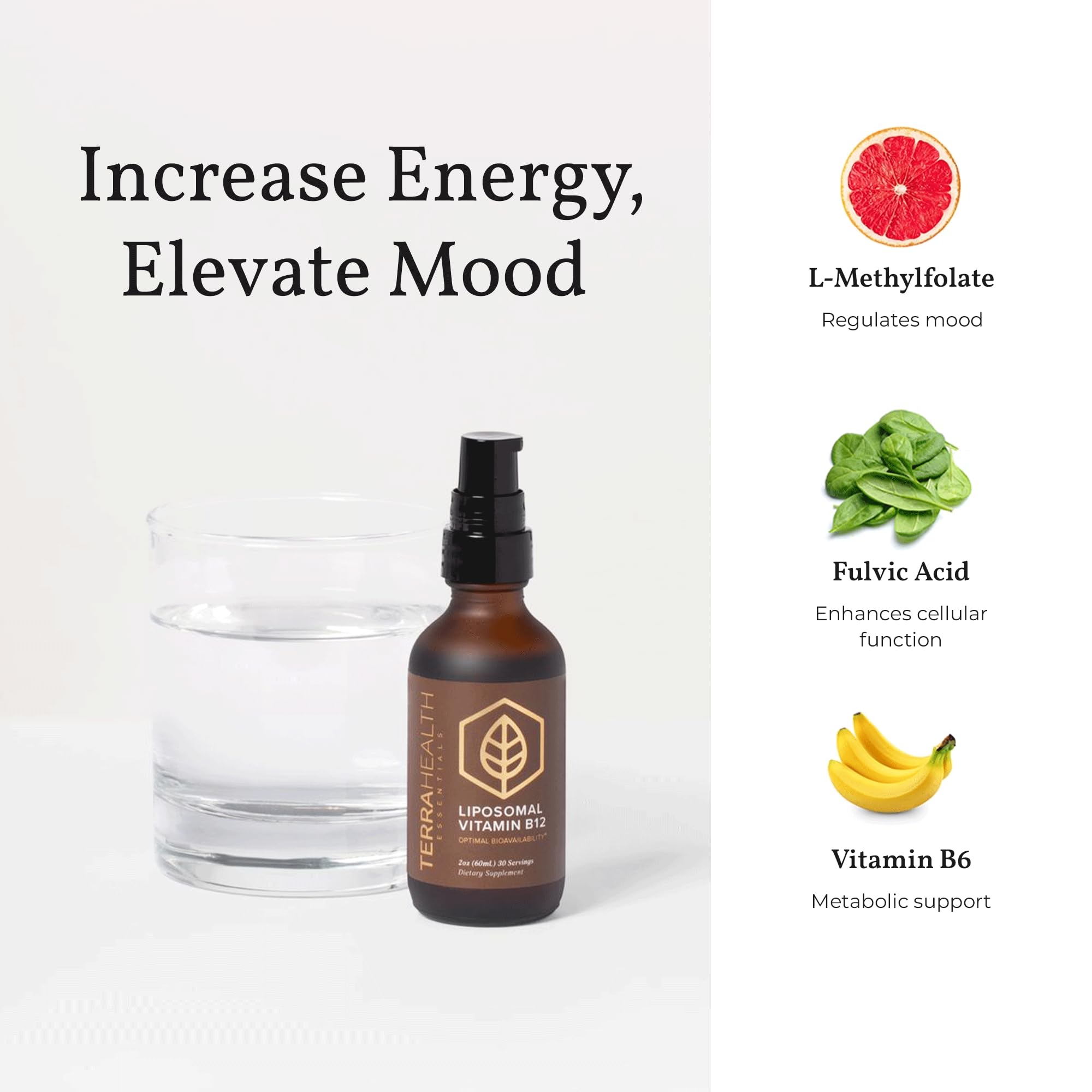Terra Health Essentials Liposomal B12 bottle on a table in a wellness setting