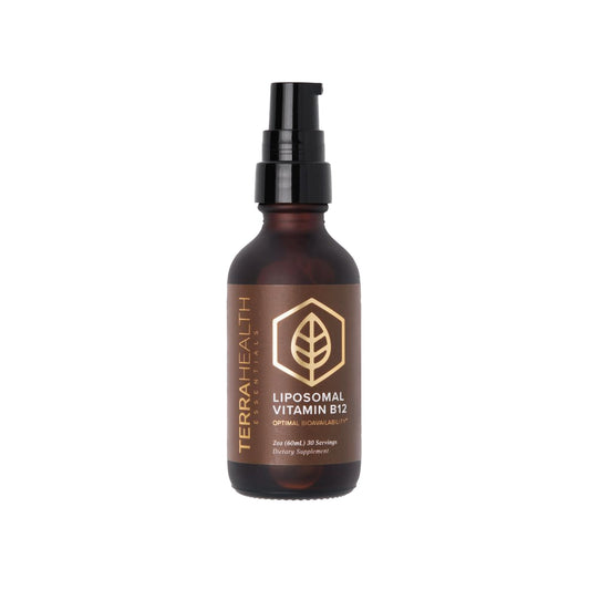 Terra Health Essentials Liposomal B12 bottle shown for energy support in daily routine