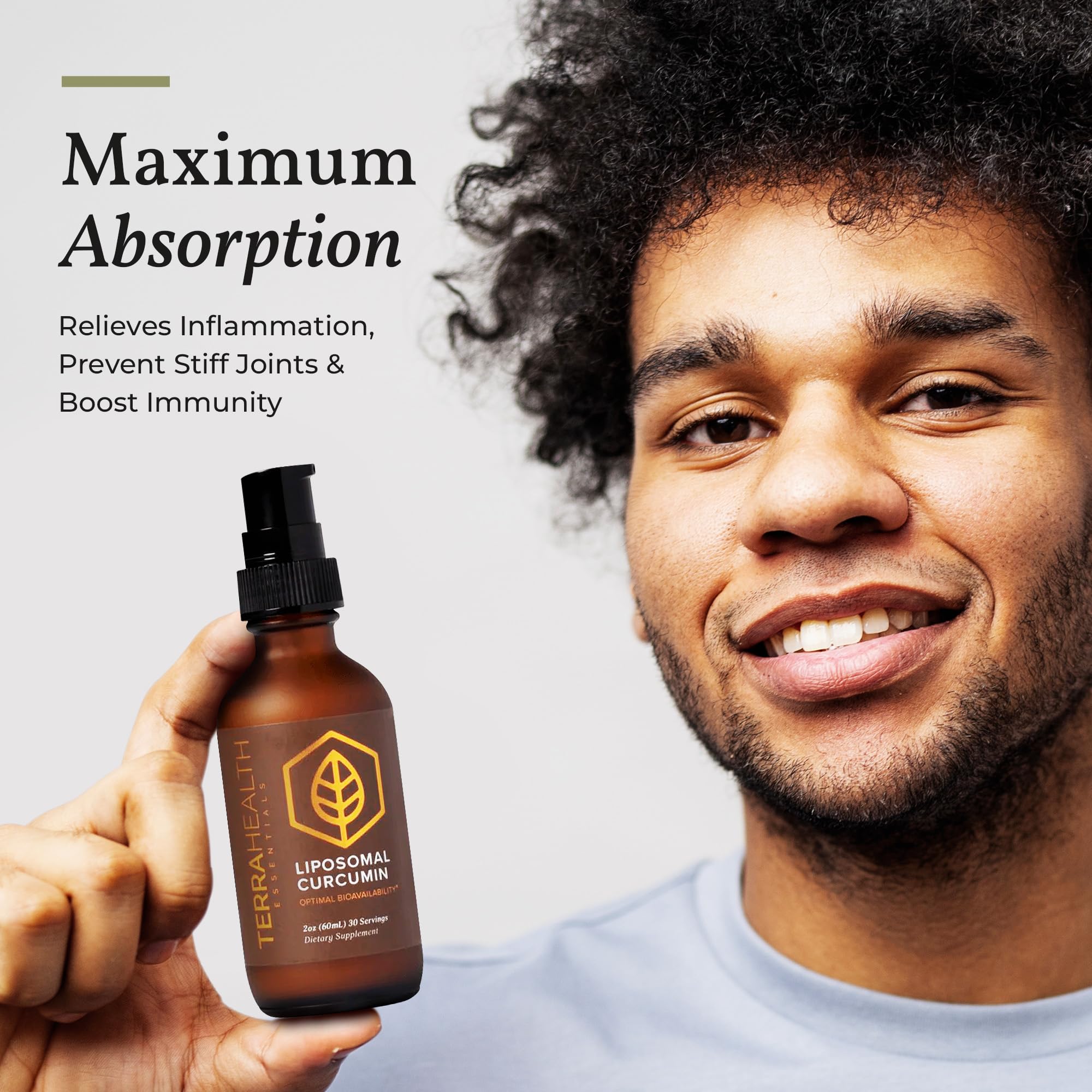 Terra Health Essentials liposomal curcumin drops golden-tinted bottle highlighting turmeric blend