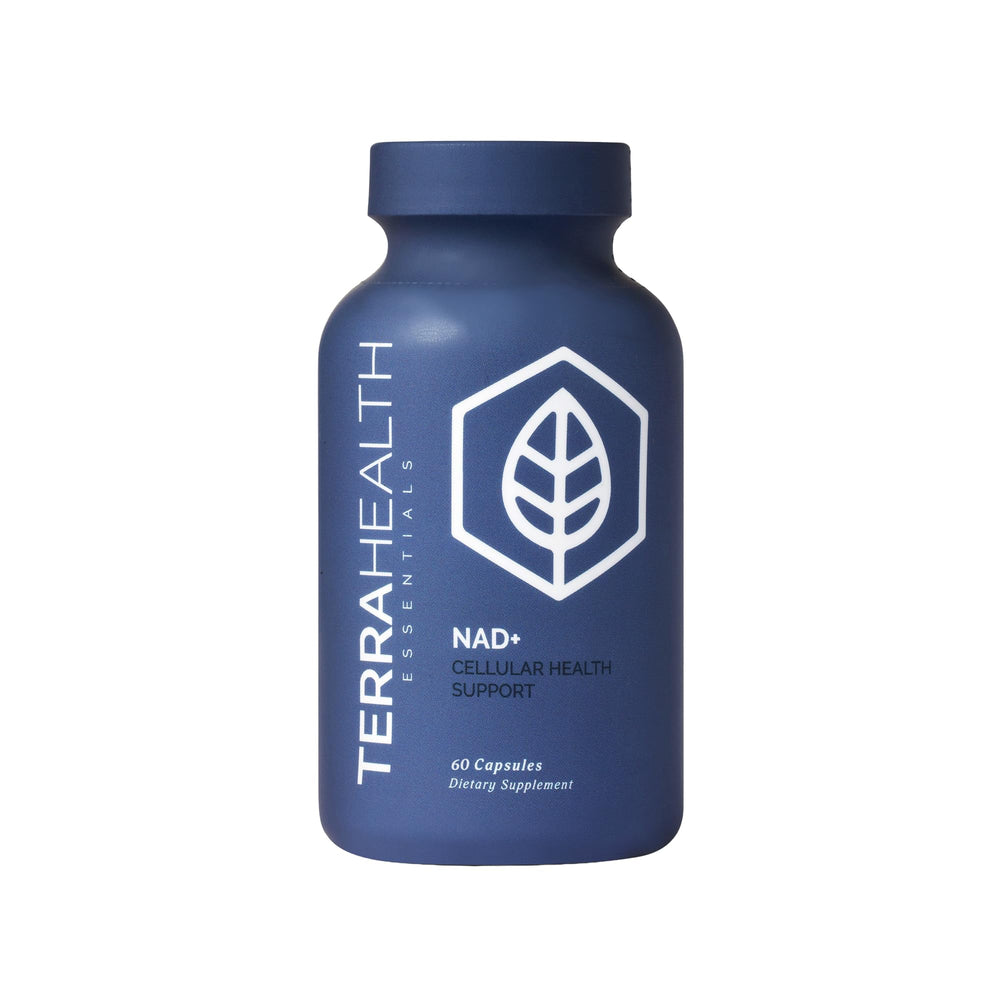 Terra Health Essentials NAD+ bottle with sleek packaging highlighting energy and focus benefits