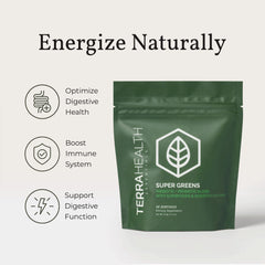 Terra Health Essentials Super Greens bottle close-up emphasizing probiotic multivitamins and organic ingredients.