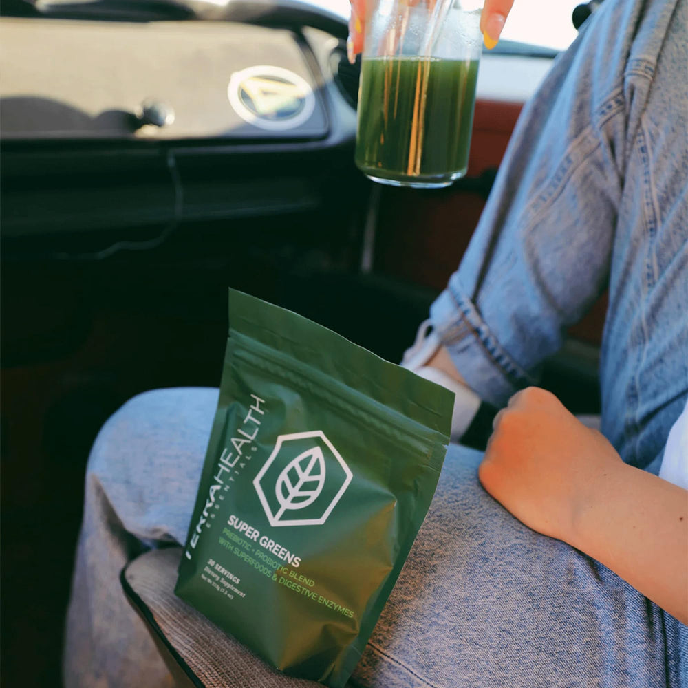 Terra Health Essentials Super Greens in smoothie illustrates tasty daily greens ritual.