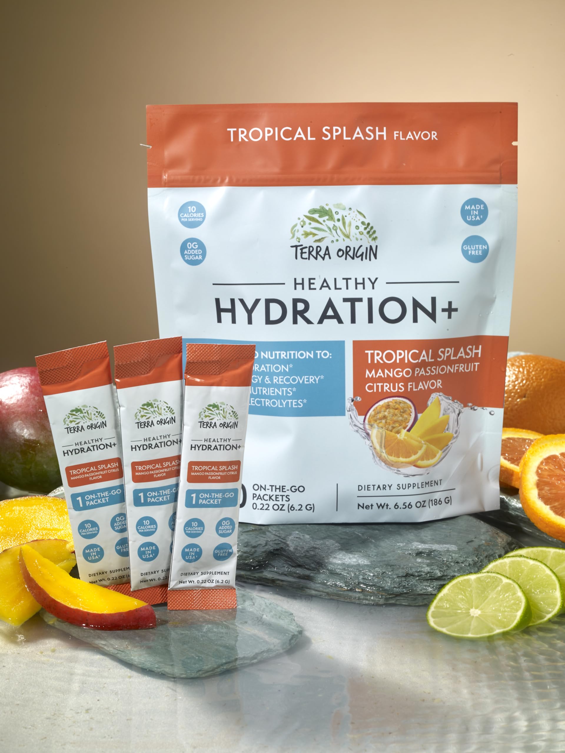 Terra Origin 30-pack tropical flavor electrolyte packets for on-the-go hydration.