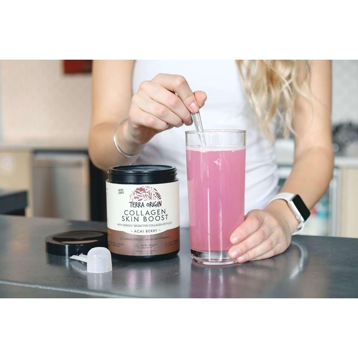 Acai berry flavor label on Terra Origin Collagen Skin Boost