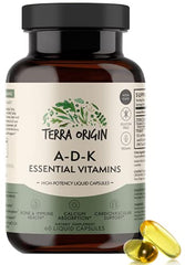 Terra Origin ADK ingredient icons convey key vitamins A D K2 and calcium support.