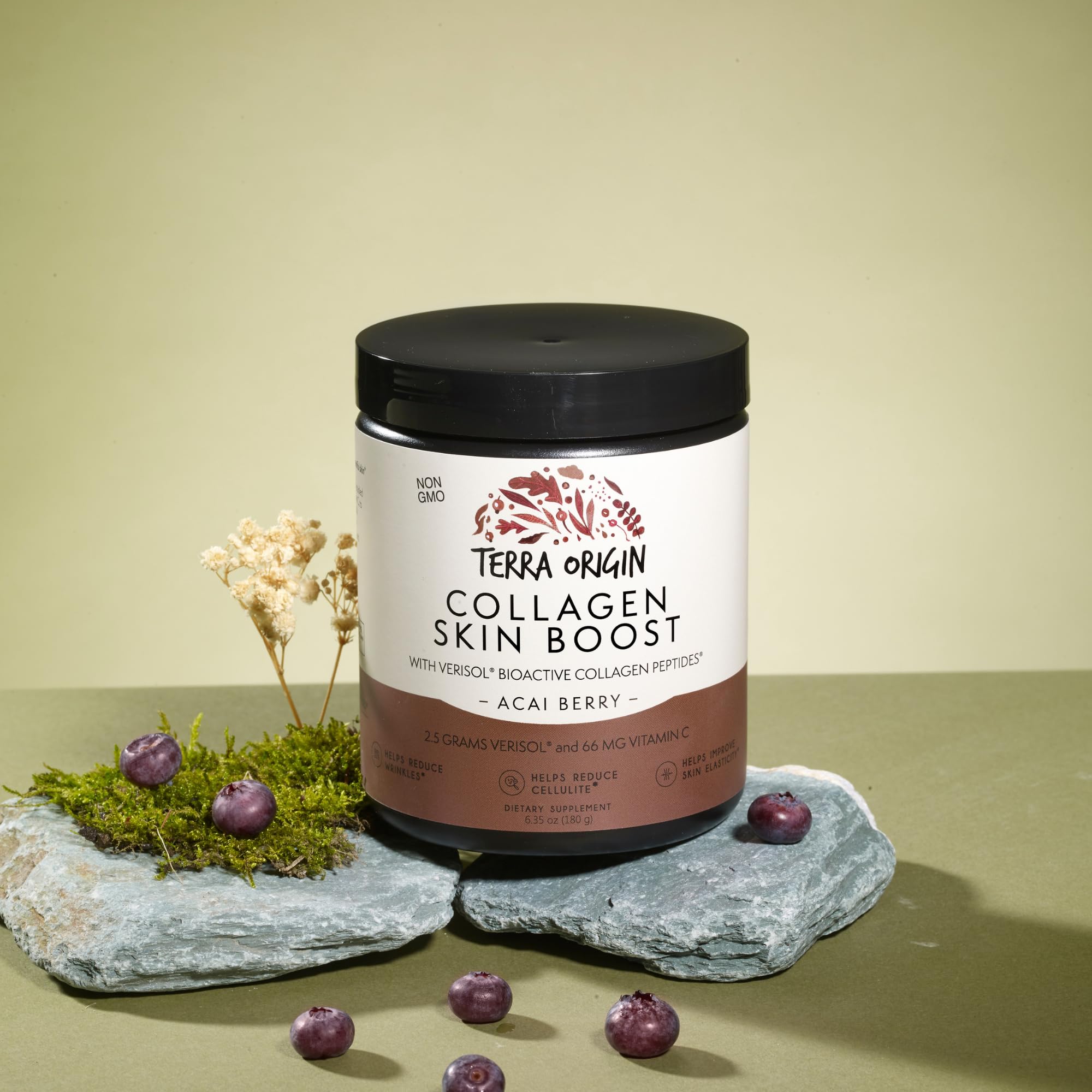 Terra Origin collagen scoop beside powder for easy beverage mix